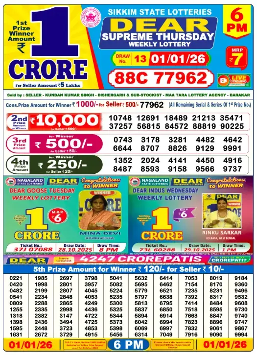 dear evening result 6 pm 1 january 2026